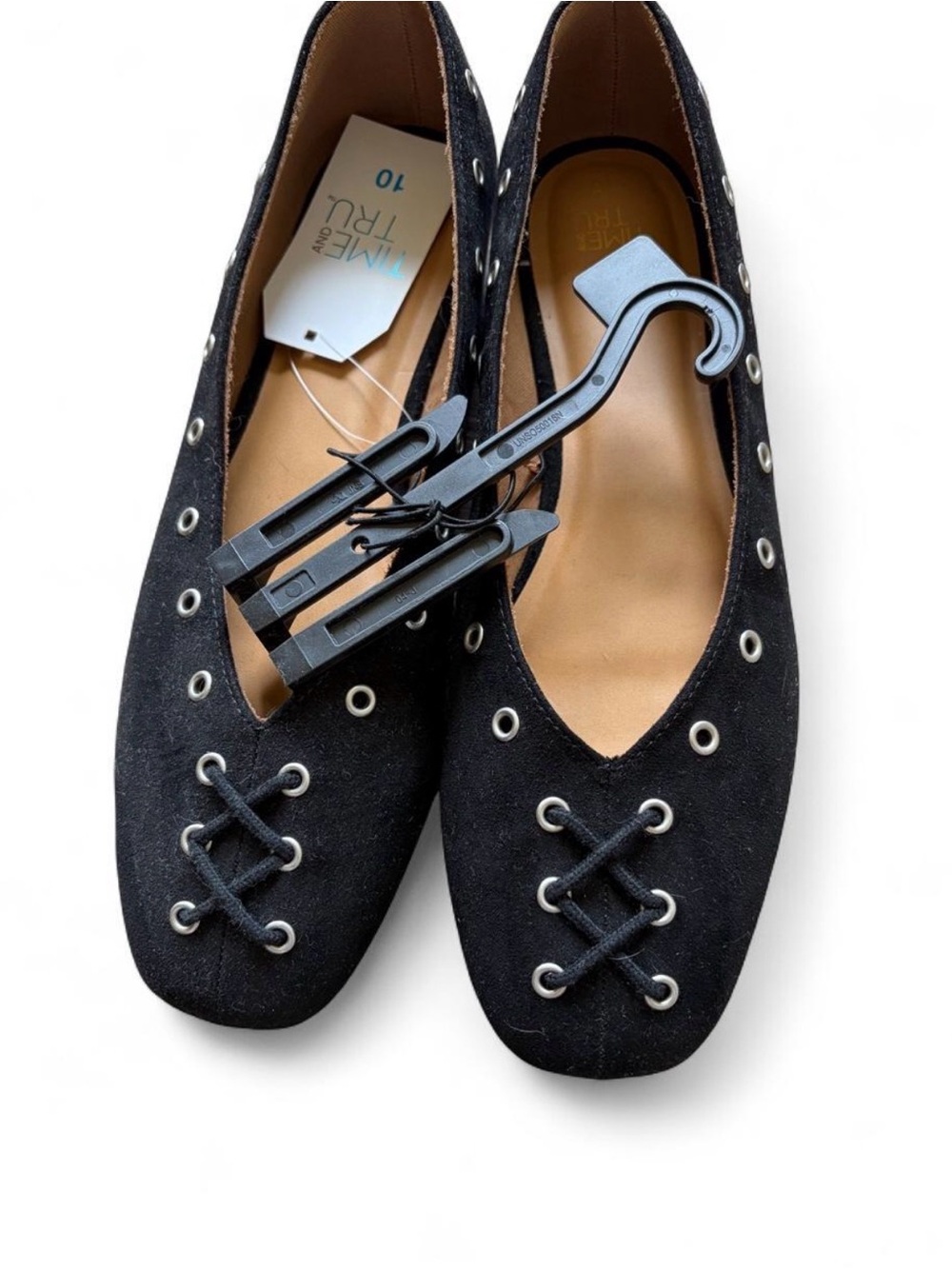 Time and Tru Black Suede Lace-Up Eyelet Ballet Flats